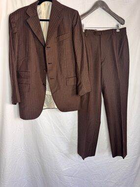 Borrelli Napoli Vintage Classic Brown Pinstripe Men's Suit Jacket & Trousers